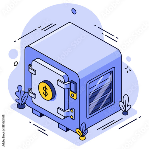 Isometric illustration of blue safe with dollar symbol and abstract background. No editable stroke