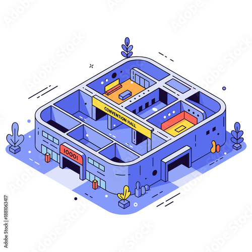 Isometric illustration of modern convention hall building with blue and yellow accents. No editable stroke