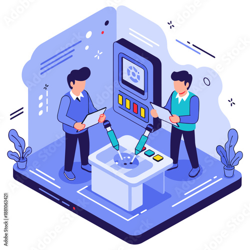 Two young asian males engaging with futuristic robotics technology in digital environment. No editable stroke