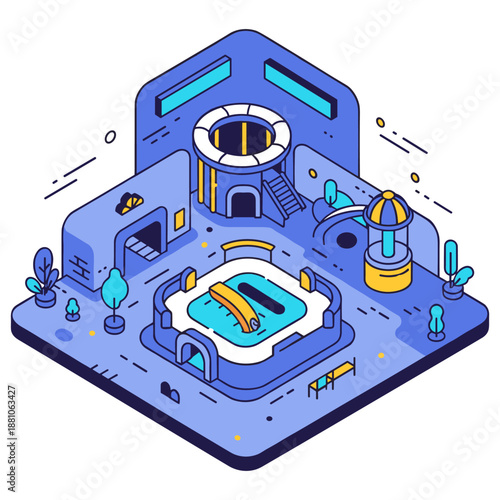 Isometric water park with pool and slides in vibrant cartoon style. No editable stroke