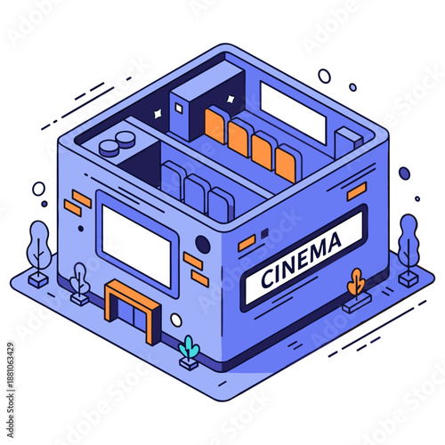 Isometric cinema illustration with seats and screen in a blue building. No editable stroke