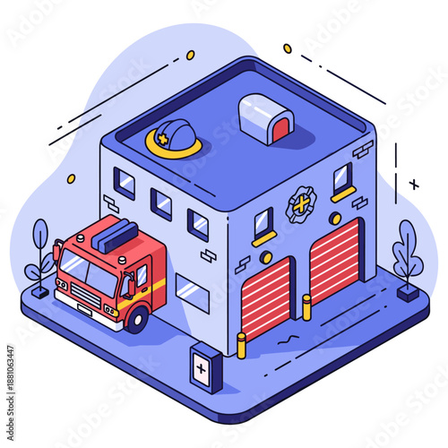 Colorful isometric fire station with fire truck animation in urban setting. No editable stroke