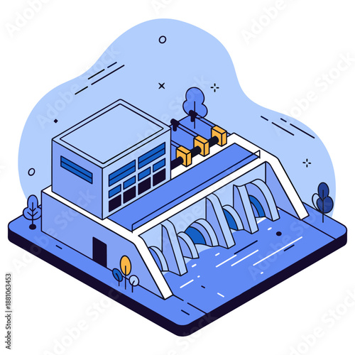 Illustrated hydroelectric dam with water flow and control building. No editable stroke