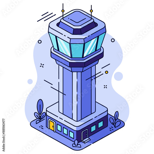 Cartoon air traffic control tower with blue windows and antennas. No editable stroke