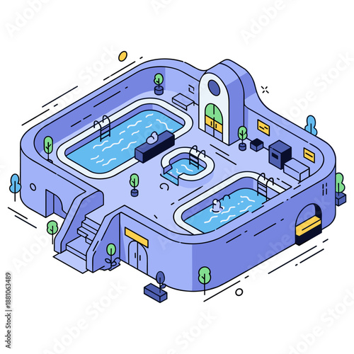Isometric view of a modern indoor swimming pool complex with two pools. No editable stroke