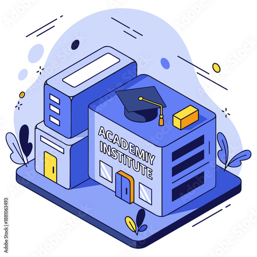 Stylized illustration of academic institute with graduation cap and books. No editable stroke