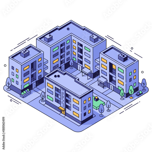 Isometric urban apartment complex with courtyard and green spaces. No editable stroke