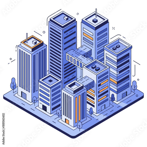 Isometric cityscape with modern high-rise buildings in blue tones. No editable stroke