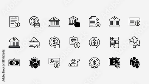 Finance and banking icon set showing various financial transactions and concepts