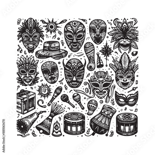 doodle icons festival masks bells drums and confetti elements