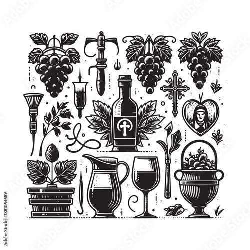 hand drawn line art icons grapes wine jug vineyard tools and saint symbol