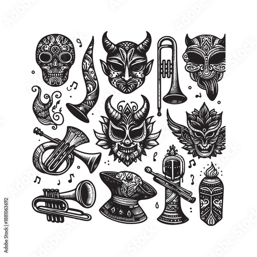 hand drawn line art icons devil masks festival costumes and music instruments