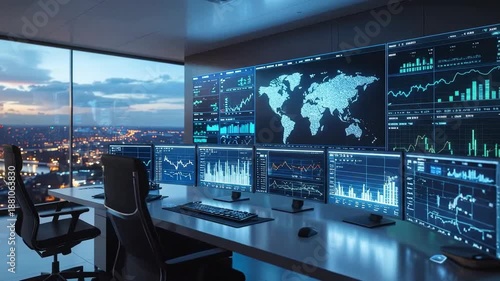 Modern trading room with multiple monitors displaying financial data and world map.