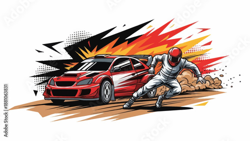 Dynamic illustration of a racing car and driver in action