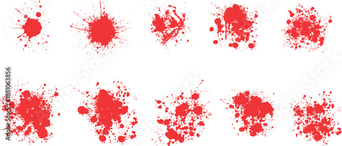 Set of blood splashes, drops and stains. Vector illustration showing red ink blobs and drips isolated Red paint blood splatter set. Grunge Halloween drops, sprays, and stains. Set of red blood drop.
