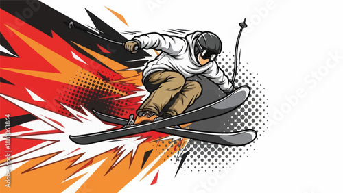 Dynamic illustration of a skier in action with speed and motion elements