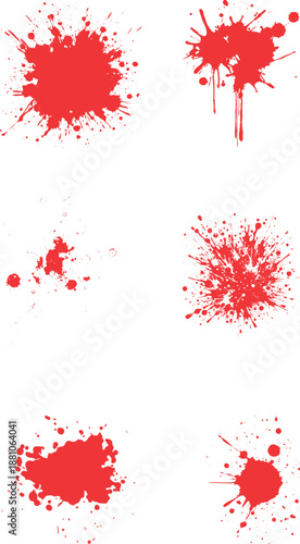 Set of blood splashes, drops and stains. Vector illustration showing red ink blobs and drips isolated Red paint blood splatter set. Grunge Halloween drops, sprays, and stains. Set of red blood drop.