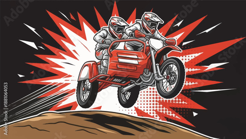 Dynamic illustration of sidecar motorcycle in action against burst background