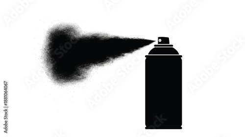 A black silhouette of a spray paint can emitting a plume of dark spray