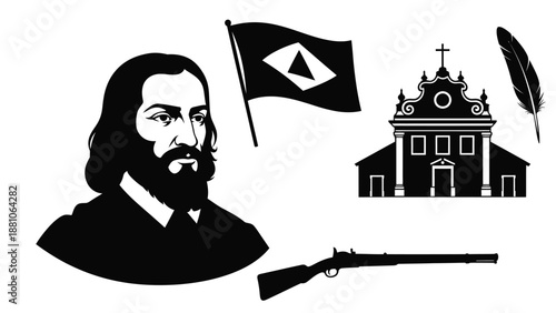 Silhouette Portrait of Bearded Man with Flag Church and Rifle black and white emblem