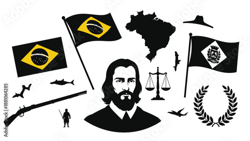 Silhouette Portrait Surrounded by Brazilian Symbols and Historical Brazilian flag