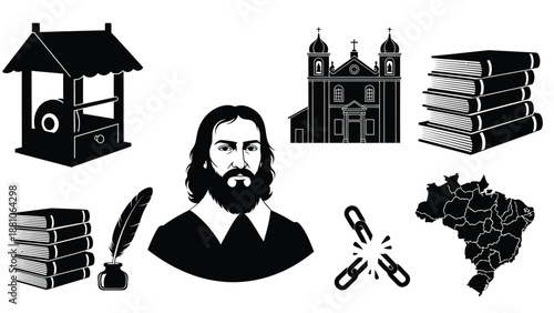 Bearded Scholar Silhouette with Books Church Inkwell and Map