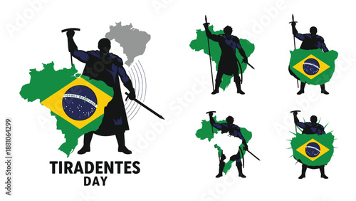Silhouettes of Revolutionary Figures Holding Brazilian Flags and Tiradentes Day historical figures