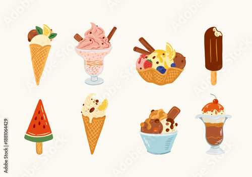 Hand drawn ice cream set with cone, dessert cup, fruits and topping vector illustration.