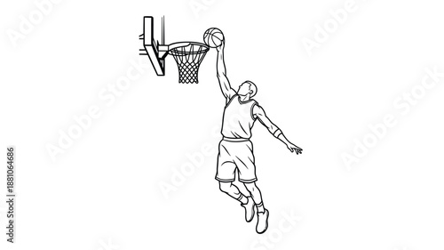 A black and white sketch depicts a basketball player in the midst of a dunk