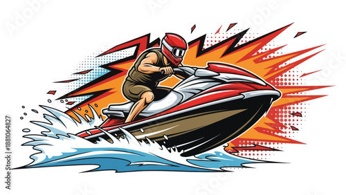Jet ski rider on water with burst graphic illustration isolated design