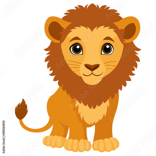 Сute lion cub sitting. Colorful African lion baby with a beautiful mane. Suitable for children's books, sticker,mascot, logo.Isolated vector illustration on white background