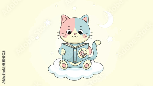 Cute bicolor kitten reads an open storybook while sitting calmly upon a soft white cloud under the night sky.