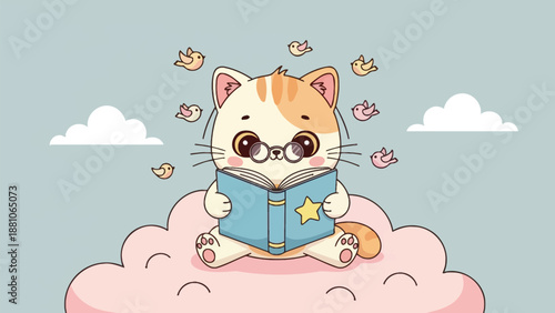 Small striped kitten wearing spectacles sits upon a pink cloud reading a blue book while small brown birds flutter.