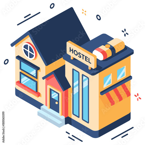 Isometric hostel building with blue roof and sign in illustrated style