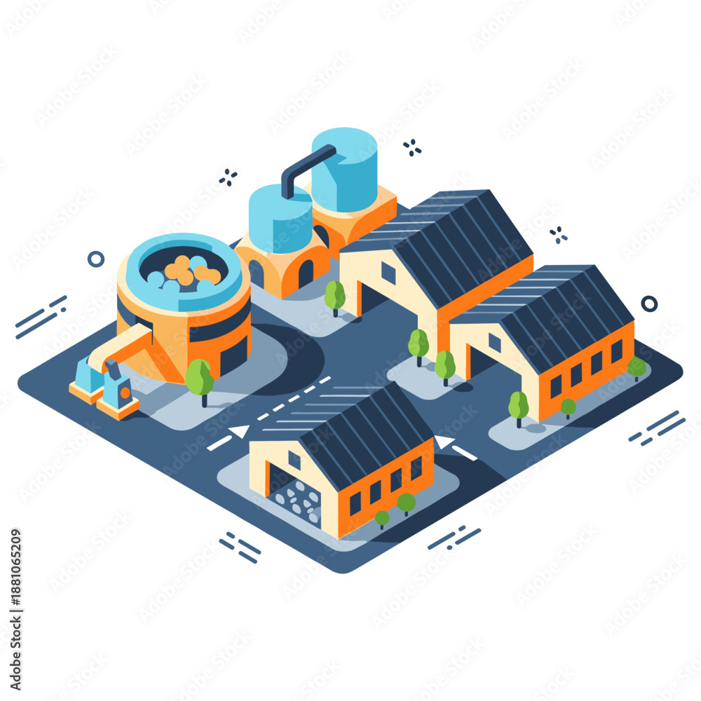 Fototapeta premium Isometric factory with processing tanks and buildings in industrial setting
