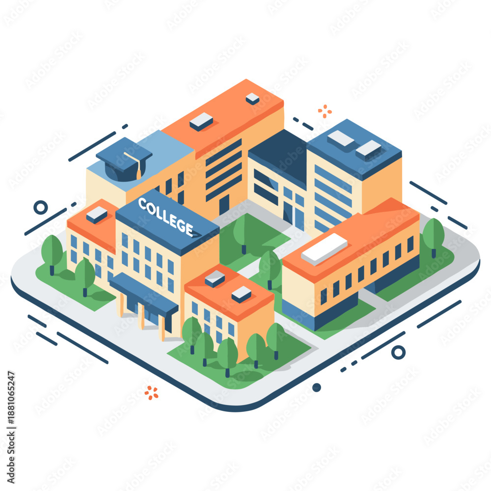 Fototapeta premium Isometric college campus with modern buildings and green spaces