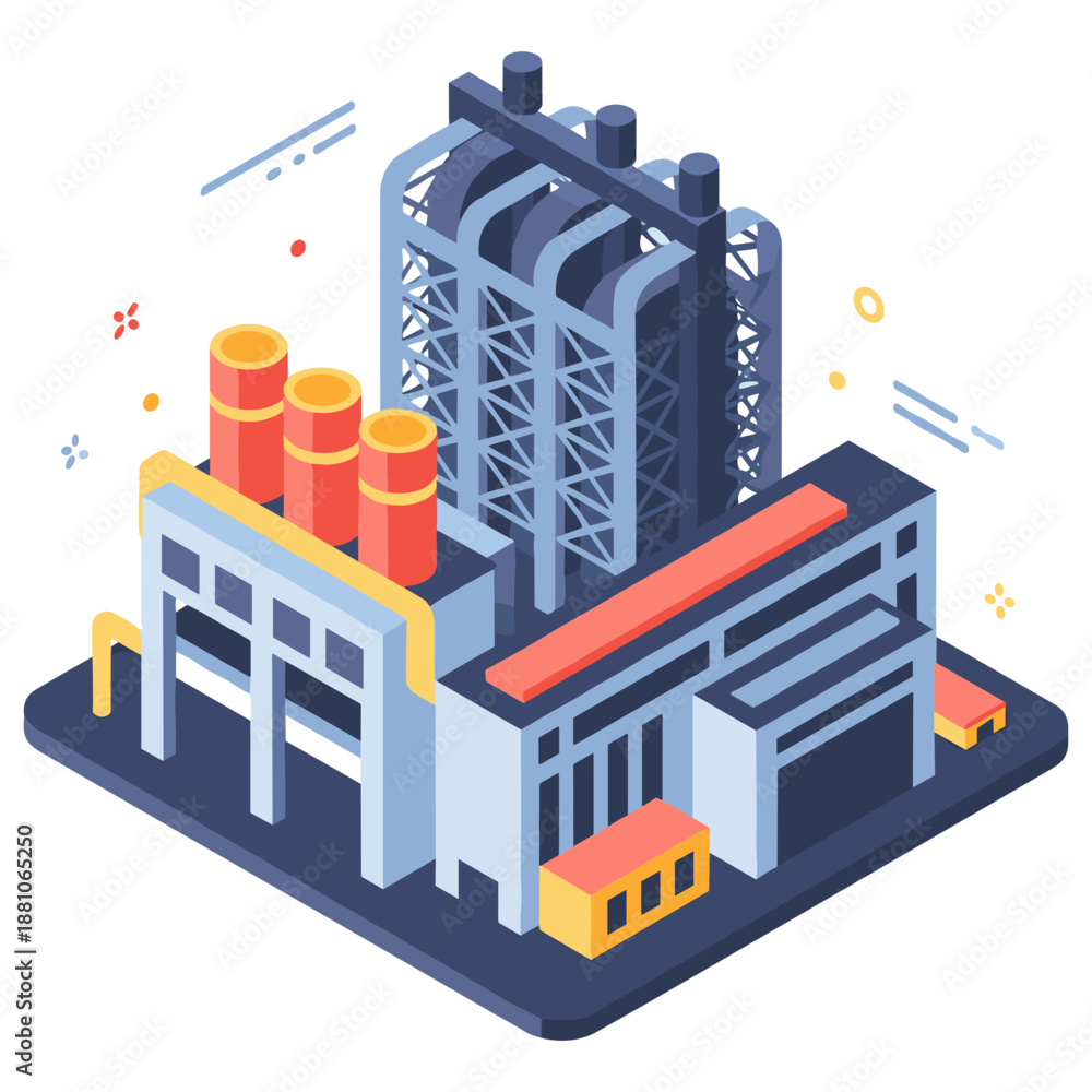 Naklejka premium Isometric illustration of a modern industrial factory with machinery and chimneys