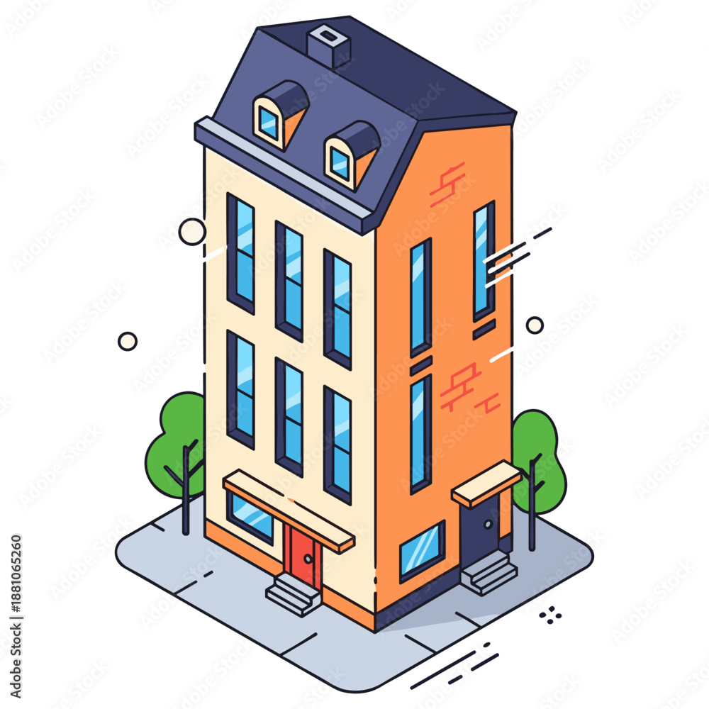 Fototapeta premium Modern isometric urban building with trees and windows