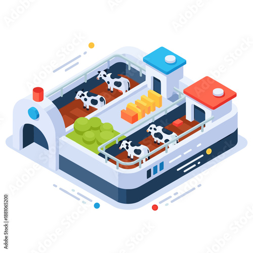 Isometric dairy farm with cows and modern barns in vibrant colors