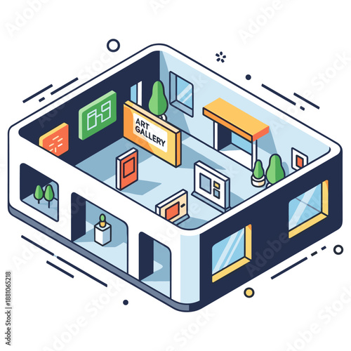 Isometric view of a modern art gallery with indoor decor and artwork displays