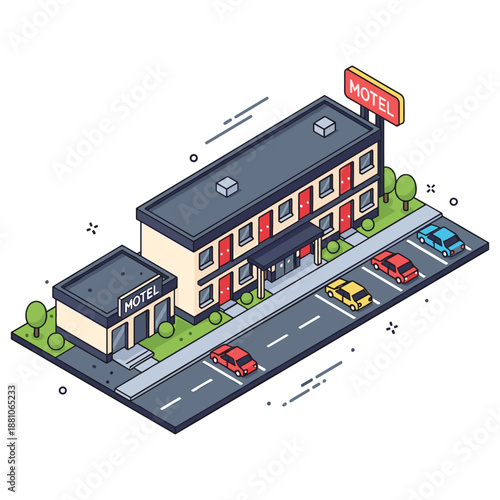 Isometric illustration of a two-story motel with parking and cars