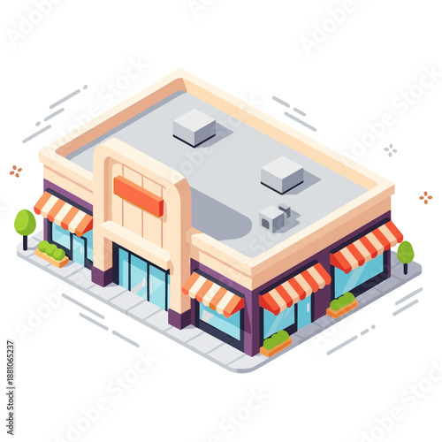 Isometric illustration of a modern retail store with striped awnings