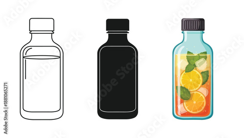 Set of three detox drink bottles icons outline, silhouette and colored with lemon and mint slices