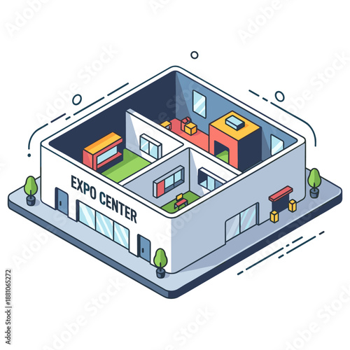 Isometric view of a modern expo center with interior layout