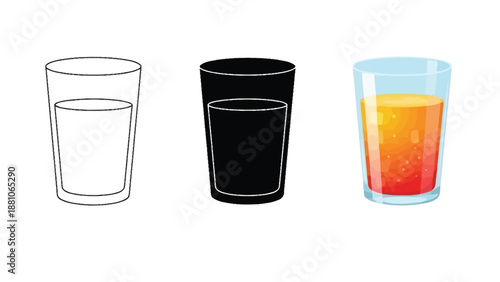 Set of three drinking glasses icons outline, solid black silhouette and glass with orange juice