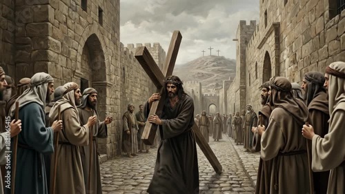 Jesus carrying the cross through ancient city cobblestone street illustration, crowd watching the passion of christ footage