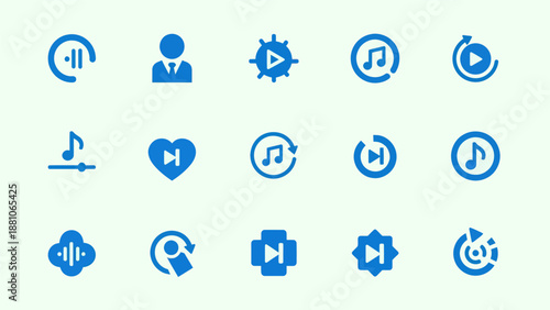 Set of blue icon designs representing music people and actions