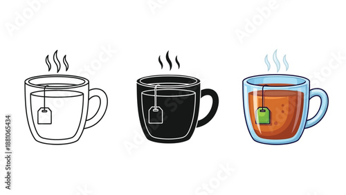 Set of three glass tea cups with hot tea and steam, line art, silhouette and color illustration