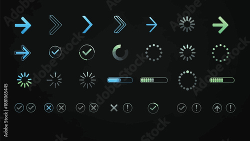 Set of glowing neon interface elements including arrows checkmarks loading spinners and progress bars on black.