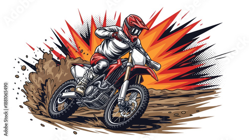 Motocross rider performing stunt with dynamic explosion illustration